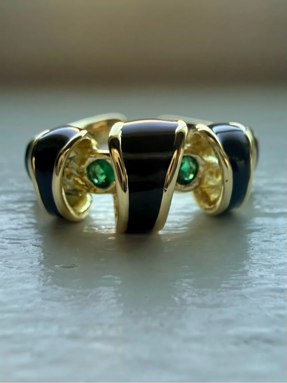 NEW! 18k Yellow Gold Plated & Black Enamel and Green Stone Women's Ring